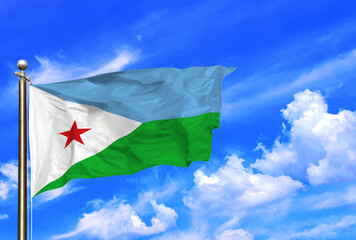Djibouti National Flag Soaring in the Vibrant Blue Sky
