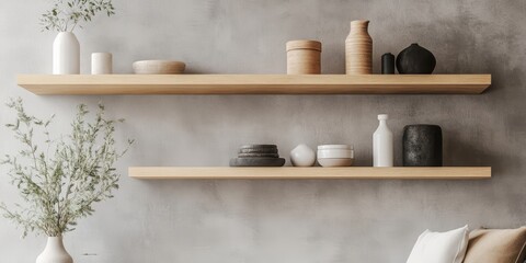 Contemporary living room features a floating shelving unit in an open plan interior design. Essentials and decorative items are arranged on shelves against a neutral grey wall. Close up detail view.