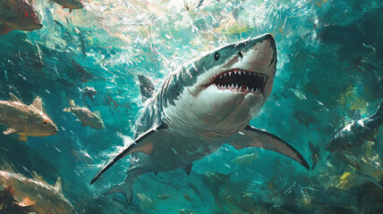 Obraz premium powerful great white shark swims through clear turquoise waters, showcasing its strength and