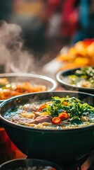 Fototapeta premium Steaming Bowl of Delicious Asian Noodle Soup