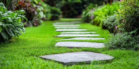 Lush green grass enhances a serene garden stone path, creating a harmonious blend of nature and design in the garden. The garden stone path invites exploration through vibrant greenery.