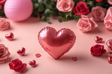A vibrant heart-shaped balloon floats amidst a bouquet of delicate roses and colorful blooms, radiating love and joy for Valentine's Day.