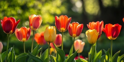 Obraz premium Vibrant flower tulips create a stunning background, showcasing an array of red, orange, and yellow flower tulips blooming beautifully in a garden setting. Enjoy the charm of these flower tulips.