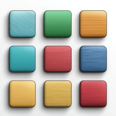 A modern stock illustration of a variety of interactive buttons in vibrant colors (blue, red, green, yellow)