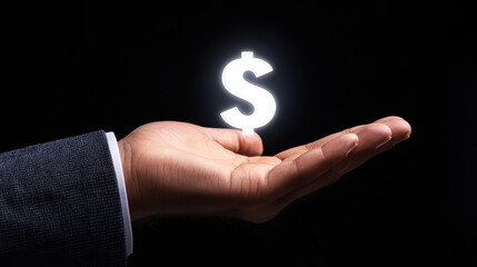 businessman’s hand holds glowing dollar sign, symbolizing wealth and opportunity