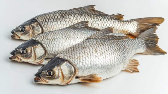 Silver carp fish pieces displayed on a white background, emphasizing the unique characteristics and features of silver carp fish. Ideal for culinary and seafood related concepts with silver carp fish.