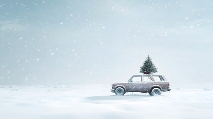 Snowy Winter Scene Featuring Car With Christmas Tree