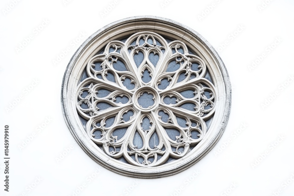 Poster A captivating black and white image of an intricate circular window design against a light backdrop, highlighting its artistic and historical elements in detail.