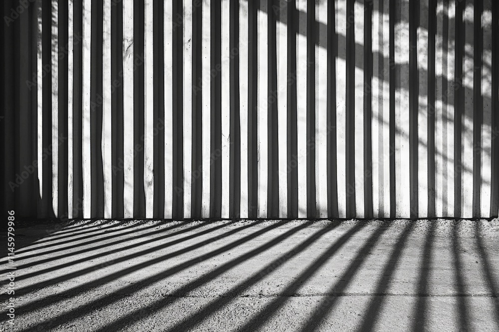 Aufkleber A striking photograph showcasing dramatic sunlit shadow patterns on a textured surface, creating a rhythmic and dynamic visual effect in monochrome tones.