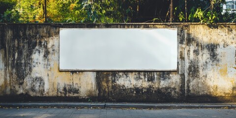 Empty long advertisement banner displayed on a cement fence in an outdoor setting. This banner represents opportunities in the construction industry and development for potential advertising.