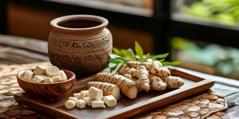 Fototapeta premium A wooden tray features Angelica root alongside a bowl of herbal medicine, an earthen pot, and cubed Poria cocos. This composition showcases medicine for preventing oxidative stress and hormone
