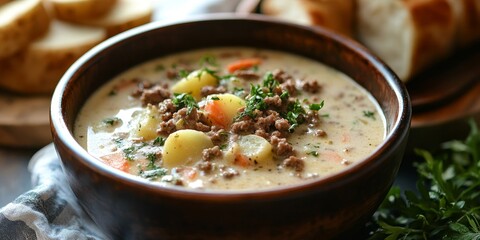 Creamy potato soup featuring flavorful ground beef meat creates a hearty dish. This comforting potato soup with ground beef meat is perfect for cozy gatherings and warm family meals.