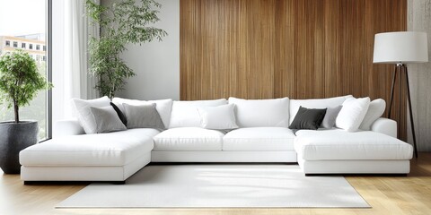 Modern living room decor showcases a white sofa complemented by bamboo features, creating a stylish and inviting atmosphere focused on contemporary design.