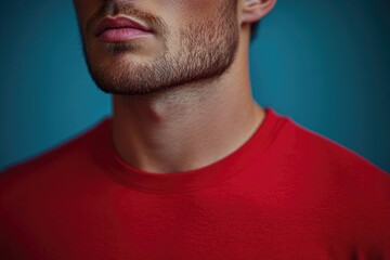 Fototapeta premium A person wearing a bright red shirt and a hat, possibly for a festival or celebration