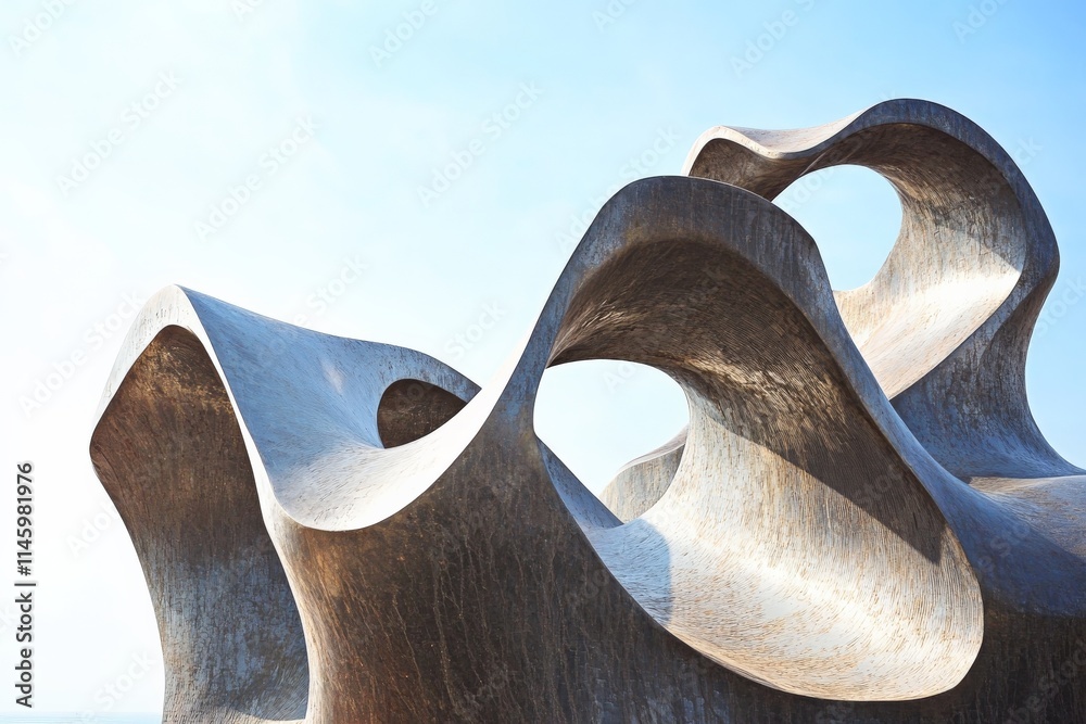 Poster this image depicts a metallic abstract art sculpture with dynamic curves, presenting an interplay of