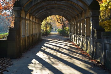 Obraz premium A leaf-strewn stone walkway passes under an elegant stone arch, bathed in warm autumn light, blending history and serene beauty in perfect harmony.