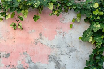 Textured wall with peeling pink paint and green vines growing over it, creating a natural contrast between the colors.