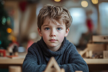 Generative AI image of a smiling girl in a red hat and sweater, celebrating the New Year at school with classmates in festive attire