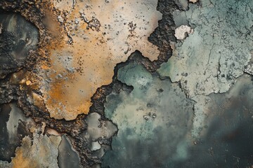 Abstract close-up of a textured surface featuring a mix of burnt orange, teal, and dark hues, resembling a weathered and damaged wall or metal.