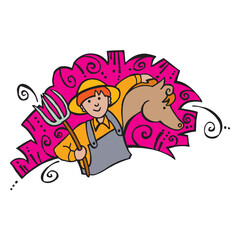 Obraz premium Farmer standing next to a cow on the farm vector illustration