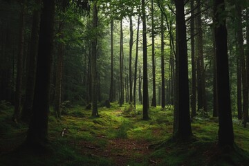 Fototapeta premium A dense forest with numerous green trees, perfect for outdoor and nature-inspired concepts