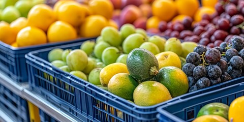 Fresh organic fruits displayed in plastic crates at the market showcase the abundance of fresh organic fruits available for sale, enticing shoppers with their vibrant colors and freshness.