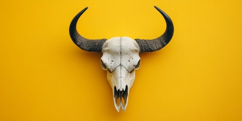 Close up image of a buffalo skull isolated against a vibrant yellow background, showcasing the intricate details of the buffalo skull for artistic and creative purposes. Buffalo skull prominently