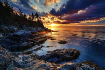 A serene scene of a sunset over the ocean, featuring rocky outcroppings and tree silhouettes