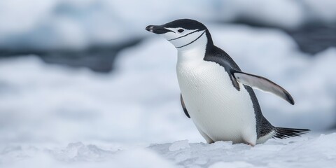Fototapeta premium Chinstrap penguin observed on an icy landscape, showcasing the unique features of this fascinating chinstrap penguin species amidst its natural habitat. A captivating glimpse of chinstrap penguins in