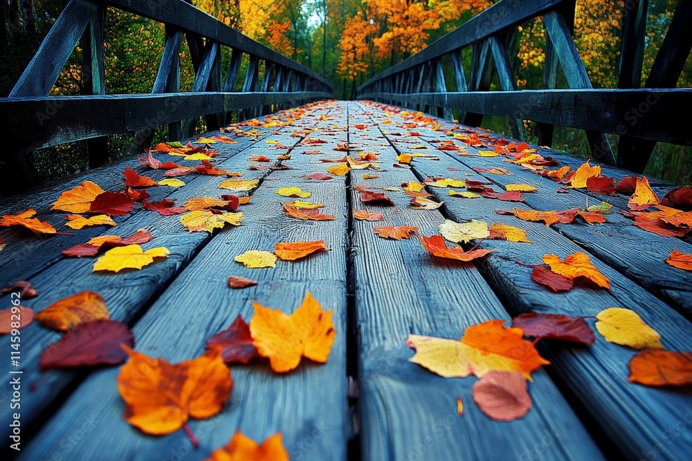 Poster a pathway covered in orange and yellow leaves crosses a rustic bridge set against a backdrop of vibr