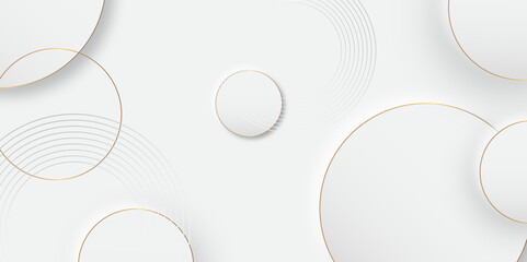 Luxury elegant white background with gold ornament. Modern abstract light silver background vector. Abstract 3D circle layer white background with gold line effect for presentation design.	
