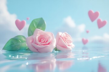 Two exquisite roses gently float on shimmering water, their vibrant colors reflecting the essence of love, beauty, and romance on this special Valentine's Day.