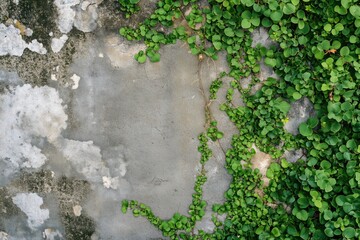 Textured wall partially covered with vibrant green plants and creeping vines, showcasing a mix of concrete and natural elements.