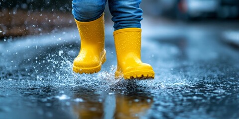 Close up of a child in yellow rain boots enjoying a cold day while walking through sleet, rain, and snow. The kid is playfully jumping in puddles, showcasing colorful casual fashion.
