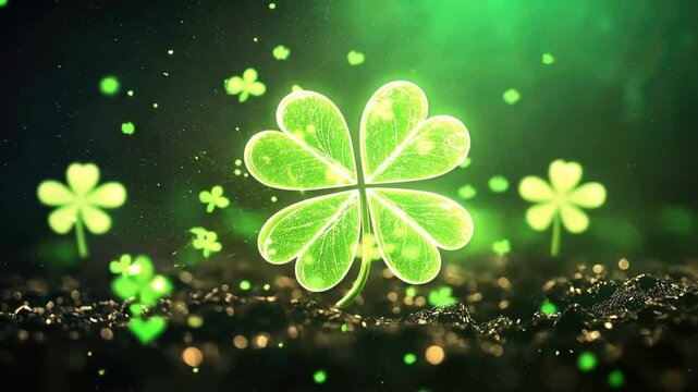 Lush green four-leaf clover on a radiant background with glittering particles. Happy St. Patrick's Day. Saint Patrick