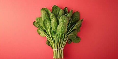 A vibrant bunch of spinach displayed against a bright background, showcasing the freshness and appeal of spinach in a visually striking manner that highlights its natural color.
