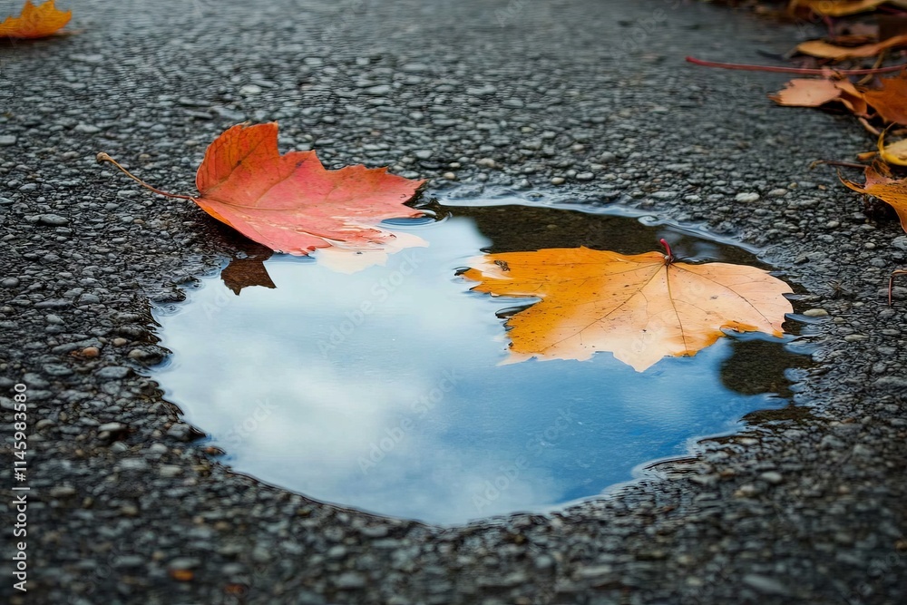 Poster this image features two vibrant autumn leaves resting beside a reflection-filled puddle on an asphal