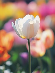 White Tulip Amidst Colorful Flowers