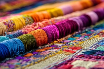 Fototapeta premium This image displays bright, colorful yarns meticulously woven together, creating a vibrant and textured piece of textile art that is visually captivating and intricate.
