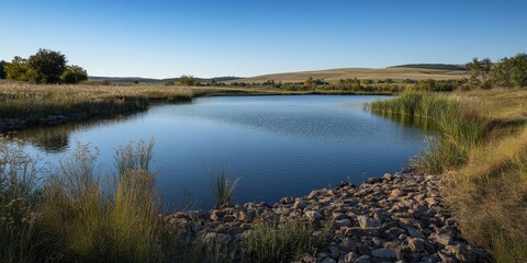 Manmade reservoir surrounded by natural habitat designed to support native species and wildlife, showcasing the delicate balance between human creation and nature s ecosystem.