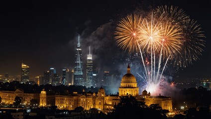 A city skyline at night