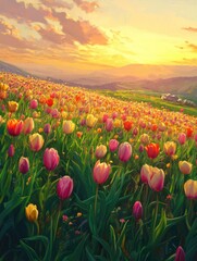 Field of Tulips at Sunset