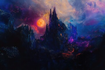 Obraz premium A serene mountain landscape with a full moon shining bright in the night sky