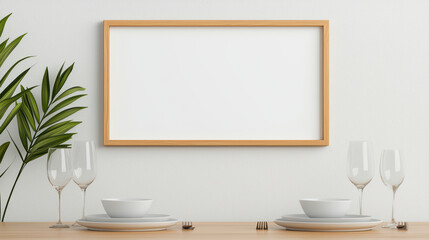 minimalist dining setup featuring empty wooden frame above table with elegant dishware and greenery, creating serene atmosphere