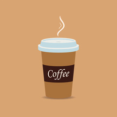 A simple illustration of a to-go coffee cup with a brown sleeve labeled 