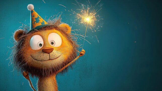 Celebrating the new year cartoon lion with party hat and sparkler festive setting digital illustration whimsical environment playful concept