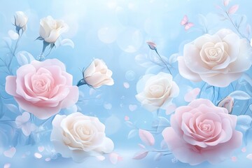 A delightful arrangement of pink and white roses blooms vibrantly against a serene blue backdrop, evoking love and romance perfect for Valentine's Day.