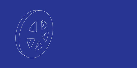The outline of a large car wheel symbol made of white lines on the left. 3D view of the object in perspective. Vector illustration on indigo background