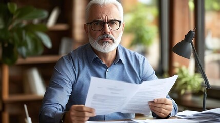 Businessman sitting at desk surrounded by stacks of papers, looking concerned while reading document about business regulations, professional workplace tension and focus.