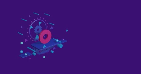 Pink record media symbol on a pedestal of abstract geometric shapes floating in the air. Abstract concept art with flying shapes on the left. 3d illustration on deep purple background